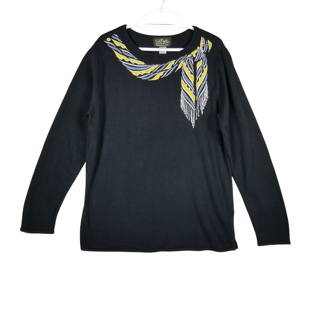 Bob Mackie Wearable Art Sweater Women Large Black Beaded Embroidered Fringe L